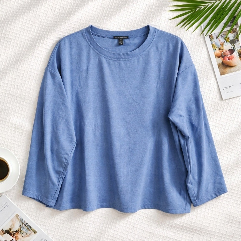 Eileen Fisher Blue L Long‎ Sleeve Boxy Crew Neck Top Sweatshirt  Large Nautical